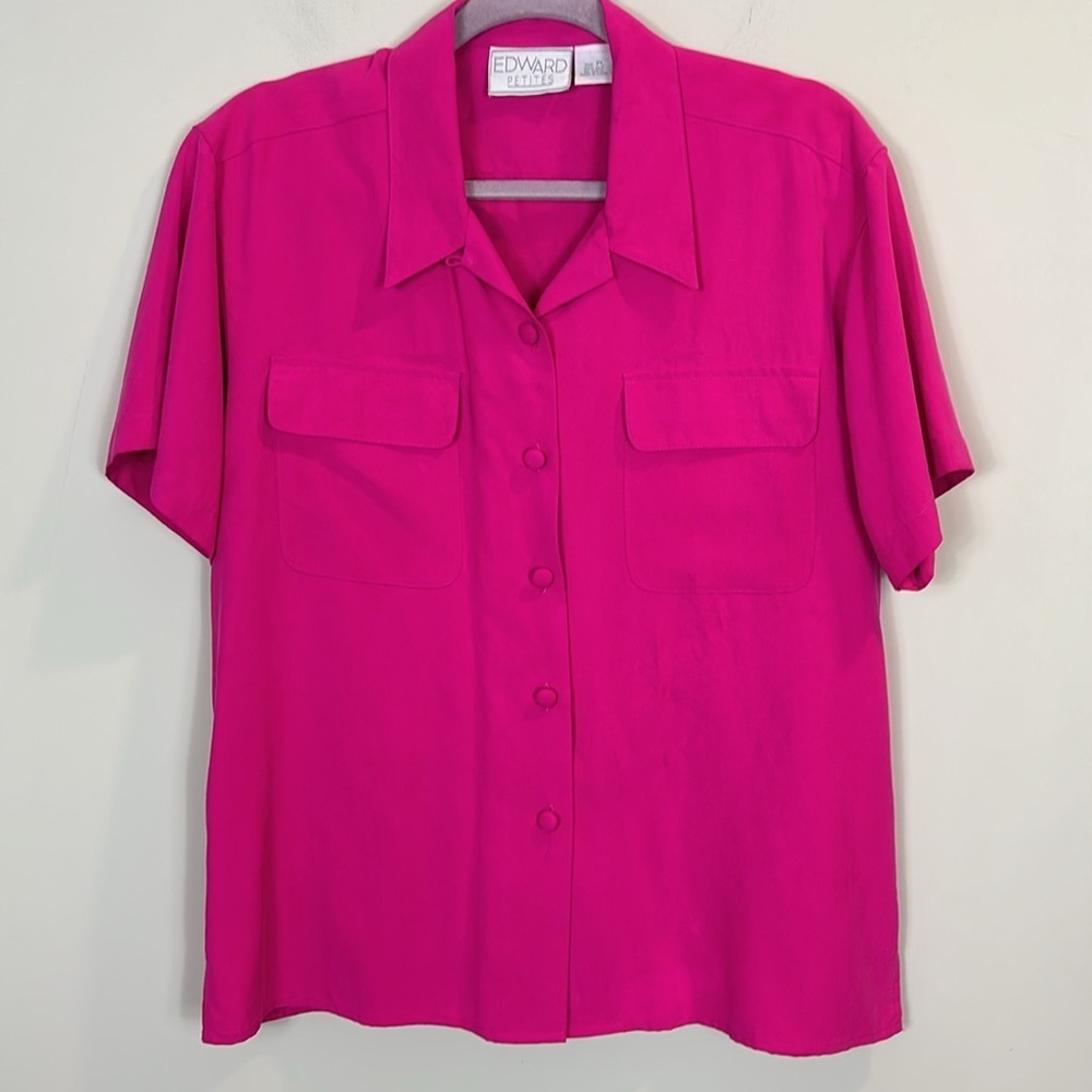 Edward petites hot pink button down short sleeve 100% silk career wear shirt